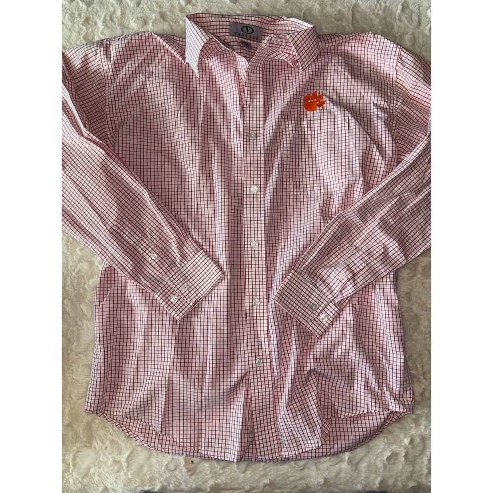 Vantage Men's M Orange/White Check Long Sleeve Button-Up Clemson Dress Shirt